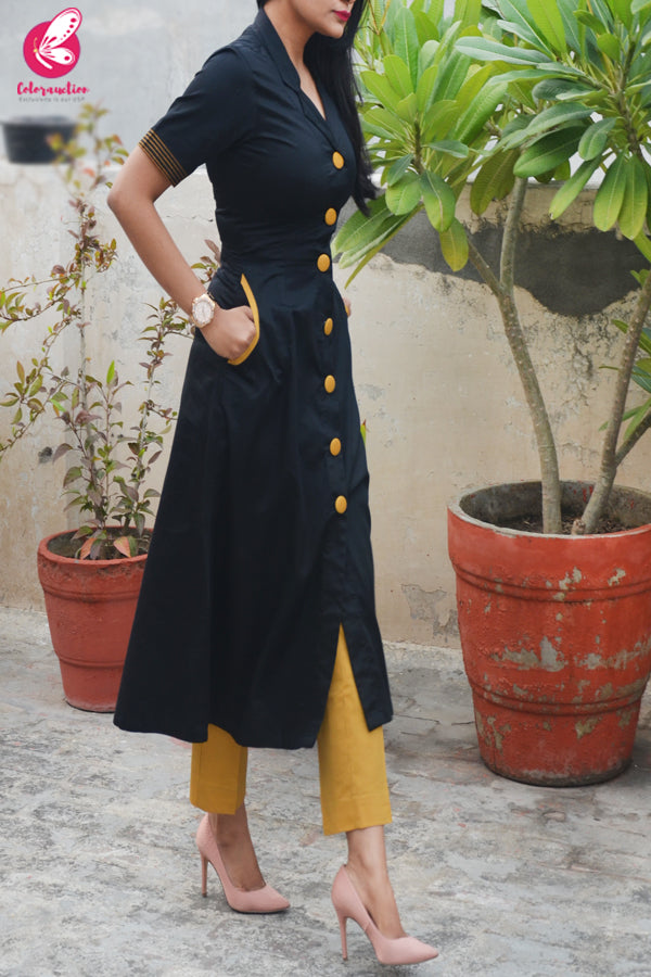 Black &amp; Mustard Cotton Silk Kurti with Mustard Stripes Cotton Silk Pants