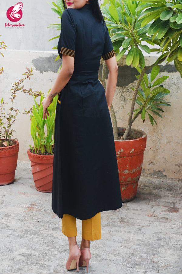 Black & Mustard Cotton Silk Kurti with Mustard Stripes Cotton Silk Pants