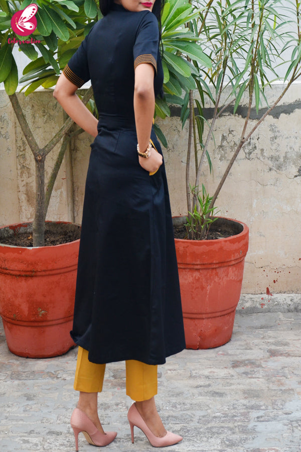 Black &amp; Mustard Cotton Silk Kurti with Mustard Stripes Cotton Silk Pants