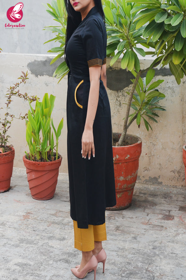Black &amp; Mustard Cotton Silk Kurti with Mustard Stripes Cotton Silk Pants