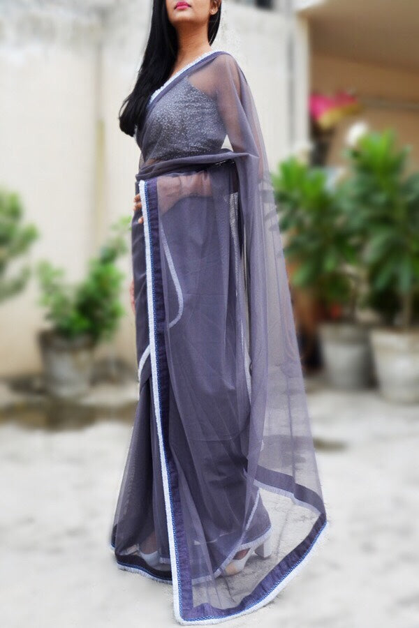 Grey Net Tassel Lace Border Saree