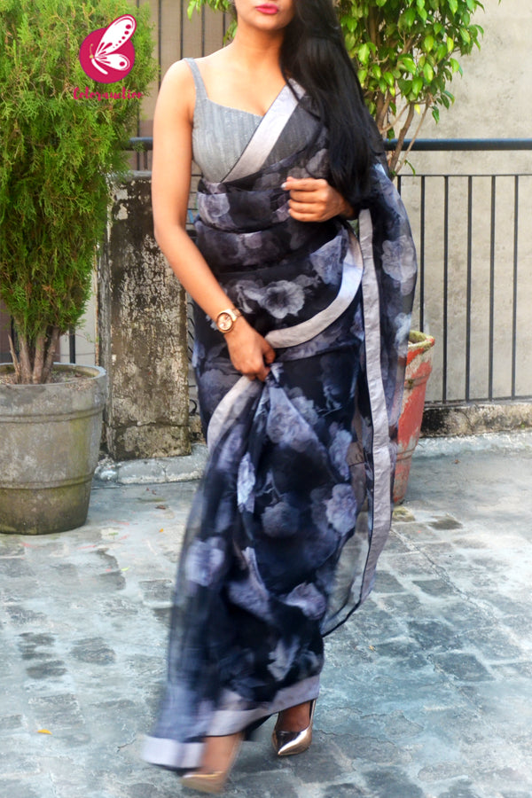 Black Grey Floral Organza Dupion Taping Piping Saree