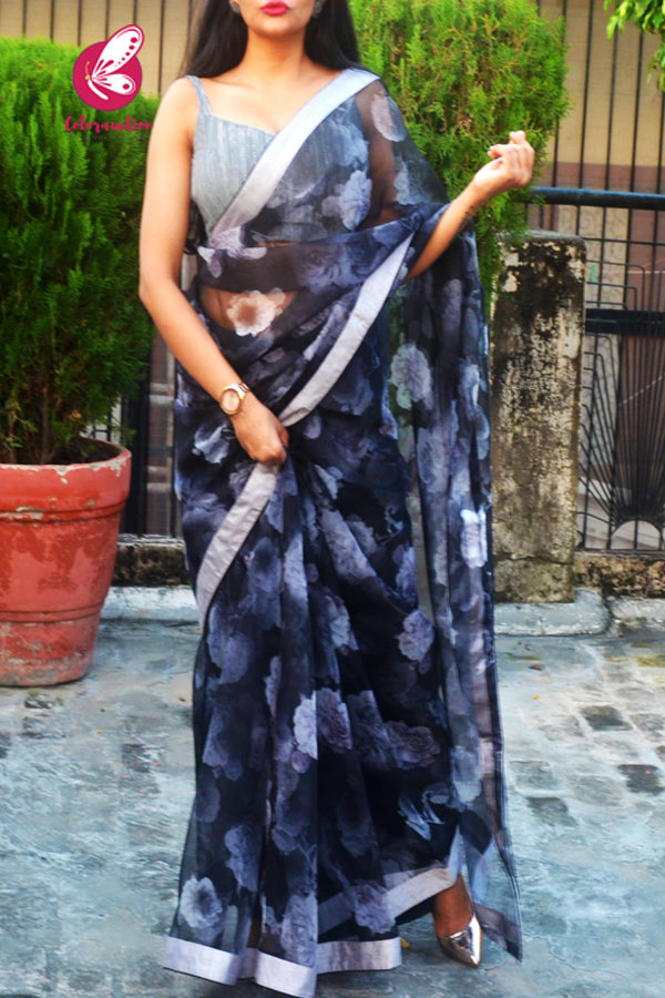 Black Grey Floral Organza Dupion Taping Piping Saree