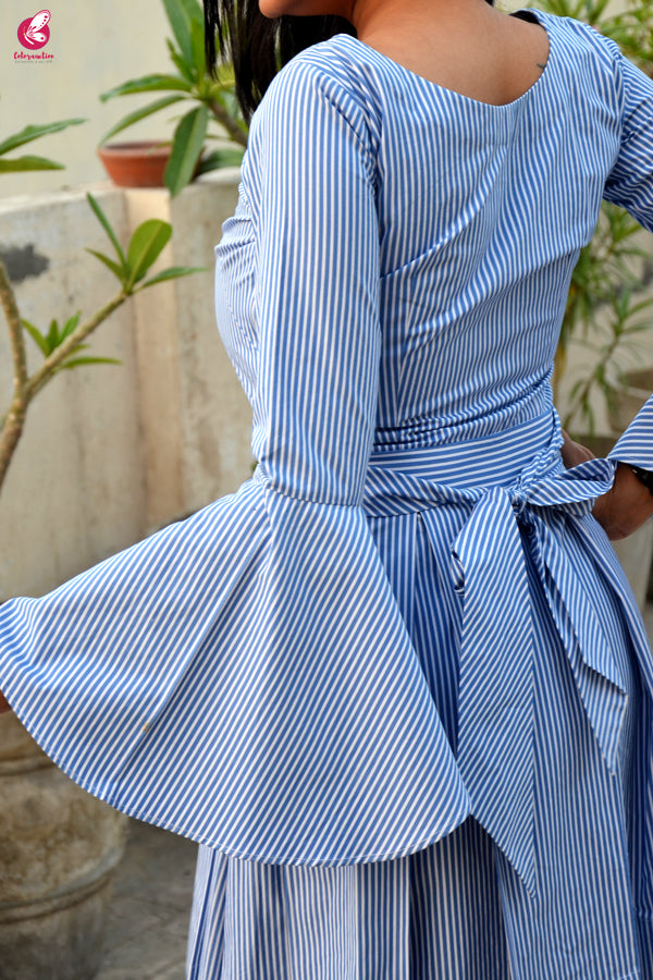 Blue Stripes Box Pleat Quarter Sleeves Dress