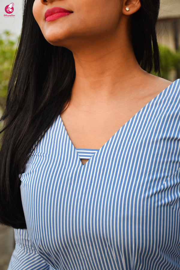Blue Stripes Box Pleat Quarter Sleeves Dress