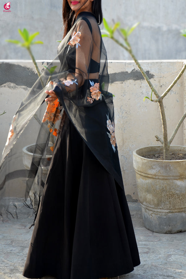Black Organza Hand painted Floral Organza Stole