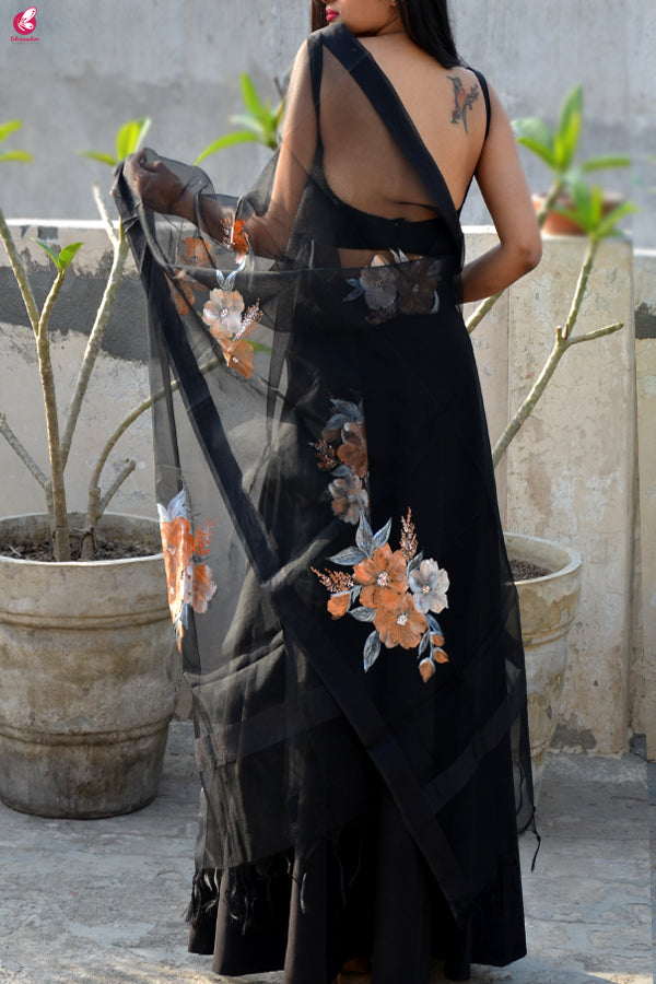 Black Organza Hand painted Floral Organza Stole