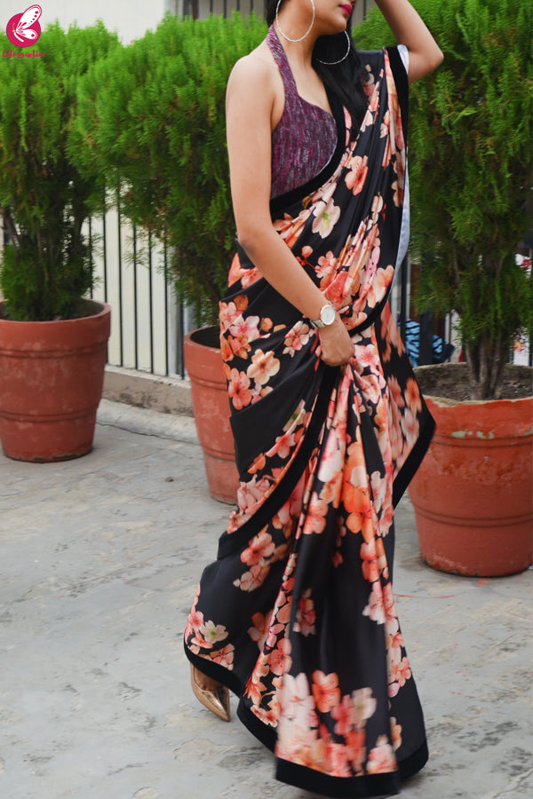 Black Satin Printed Satin Velvet Taping Saree