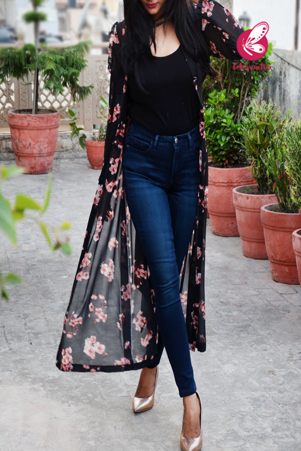 Black Printed Peach Floral Georgette Full Sleeves Long Shrug