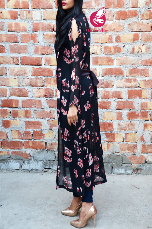 Black Printed Peach Floral Georgette Full Sleeves Long Shrug
