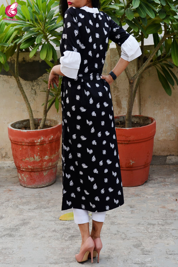Black &amp; White Printed Cotton Silk Kurti with White Cotton Silk Pants
