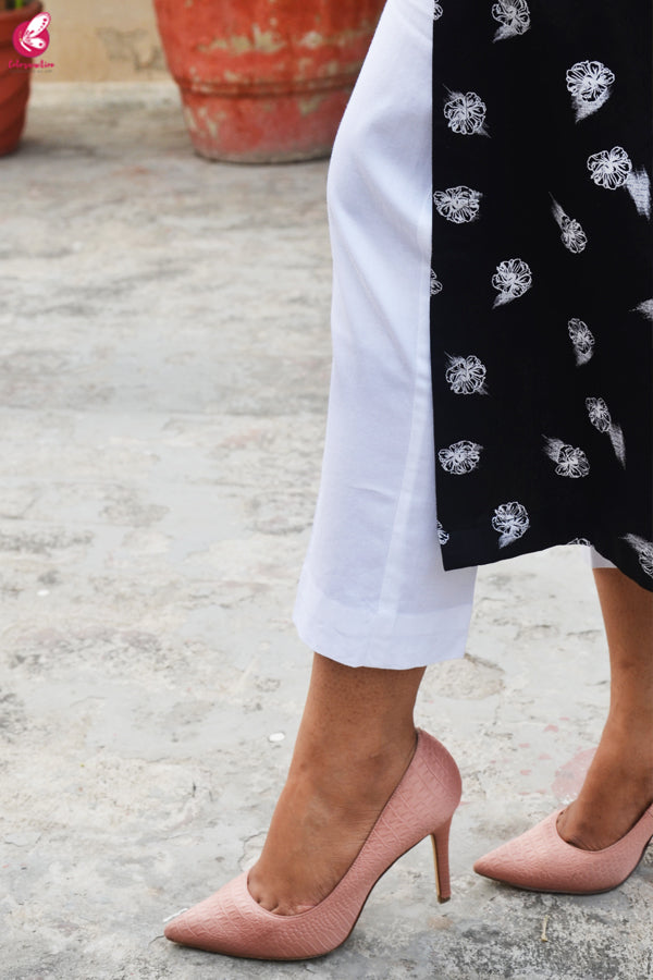 Black &amp; White Printed Cotton Silk Kurti with White Cotton Silk Pants