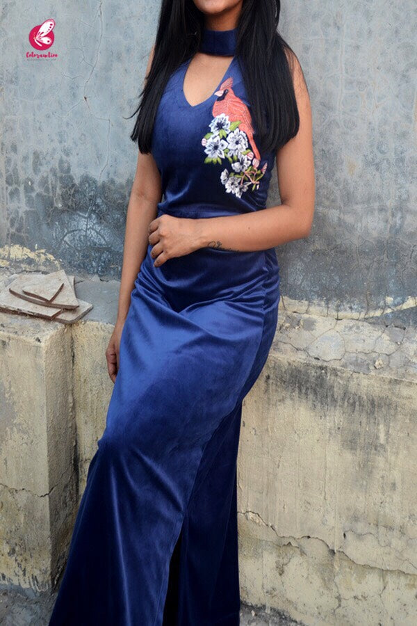 Blue Silky Velvet Sleeveless Maxi Dress
