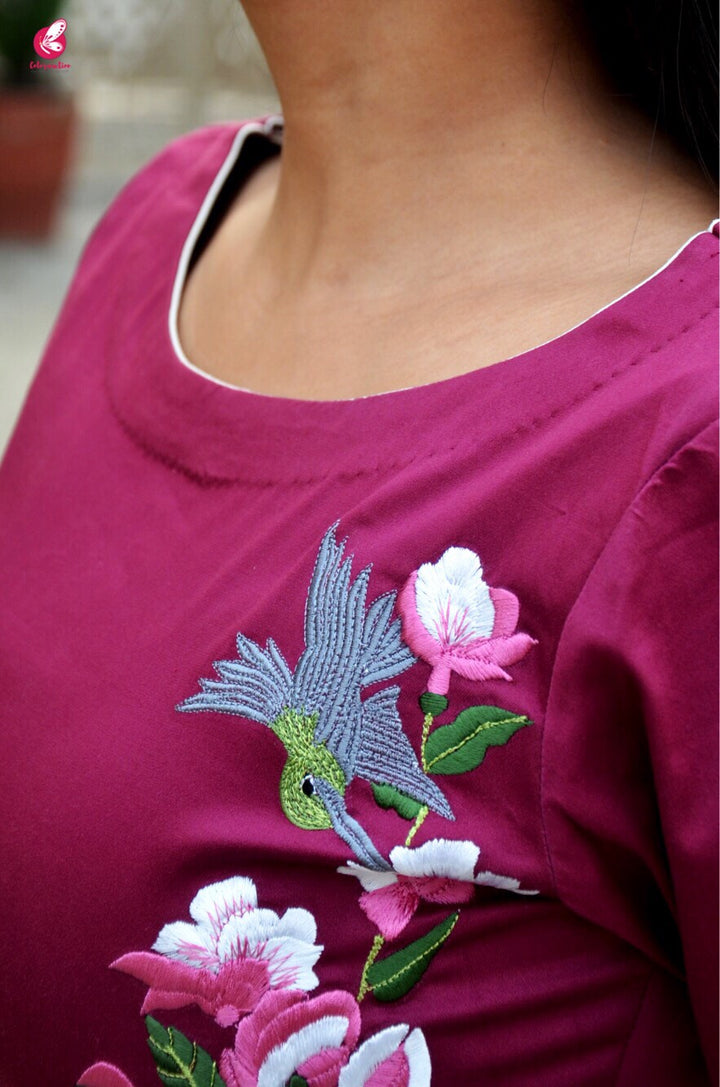 Wine Sarton Lycra Embroidered A-Line Kurti