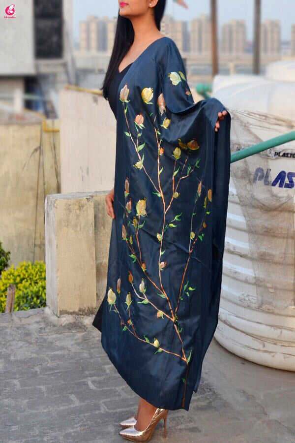 Grey Silk Hand-painted  Multi Color Floral Stole