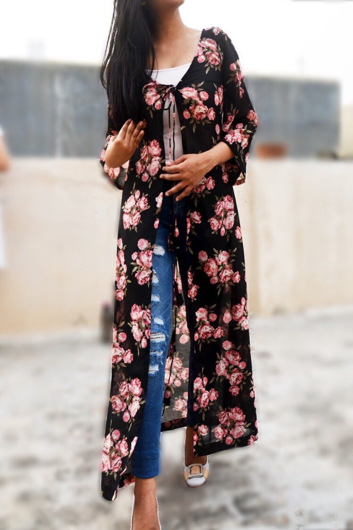 Black Printed Georgette Long Floral Shrug