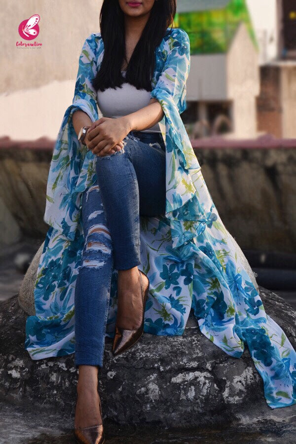White Printed Georgette Long Shrug