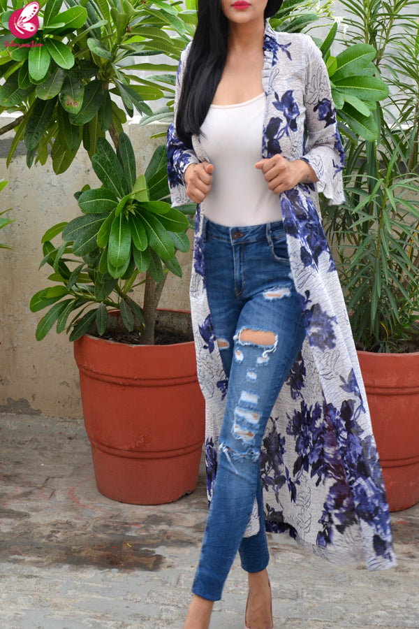 Multicolored Printed Floral Georgette Bell Sleeves Long Shrug