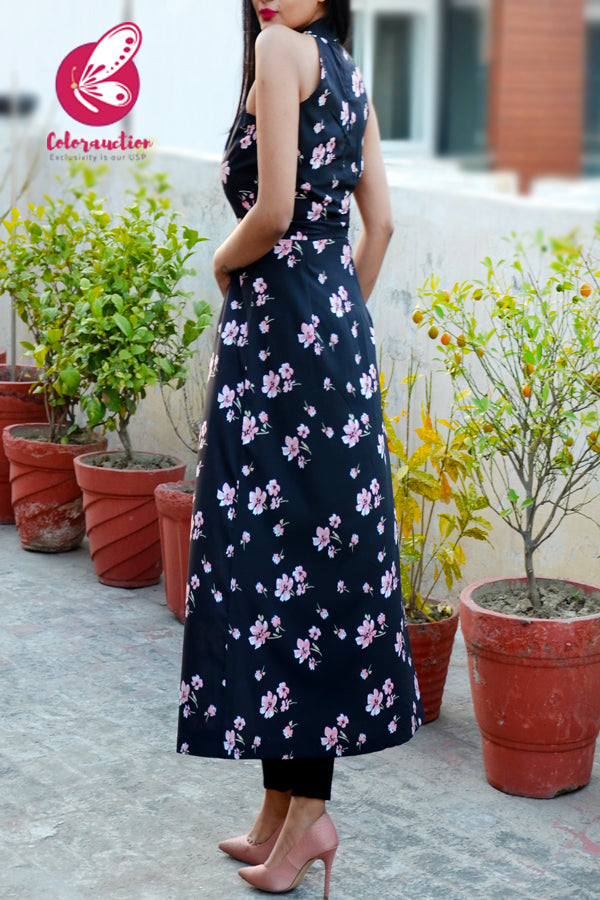 Black Crepe Printed Floral Front Slit Kurti