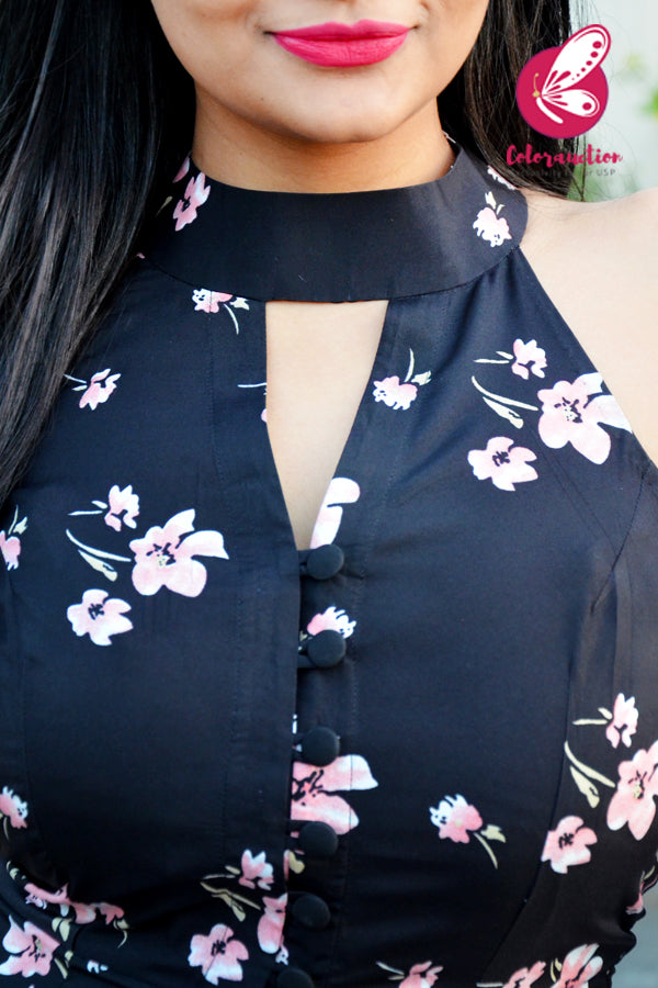 Black Crepe Printed Floral Front Slit Kurti