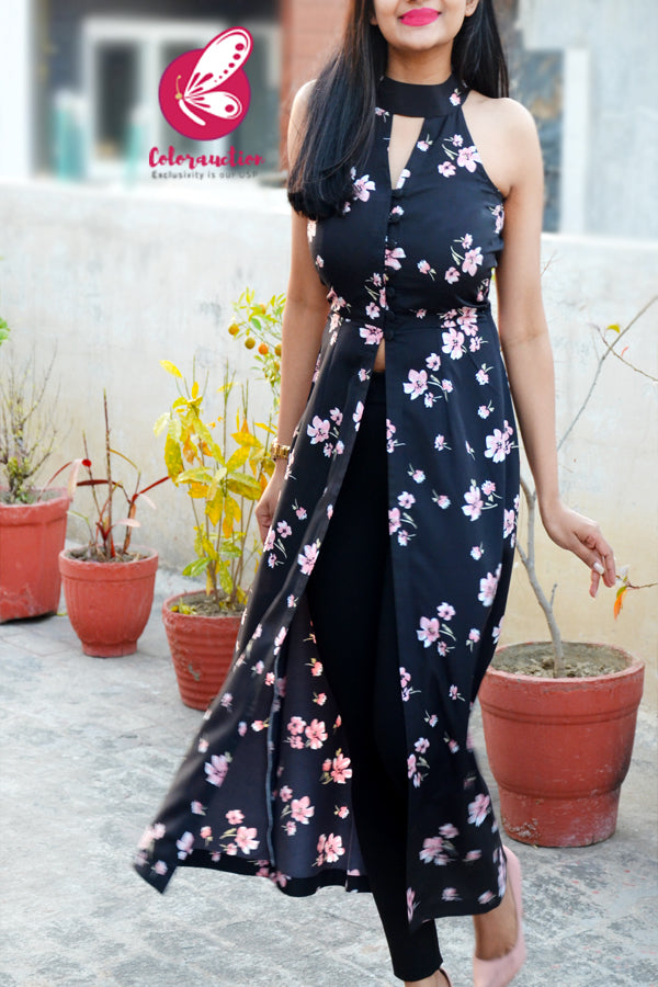 Black Crepe Printed Floral Front Slit Kurti