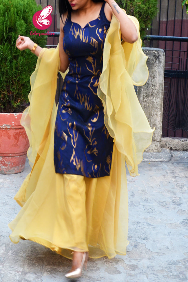 Blue Golden Brocade Padded Strappy Kurti With Golden Organza Sharara and Golden Organza Three-Tier Ruffle Stole Kurti Set