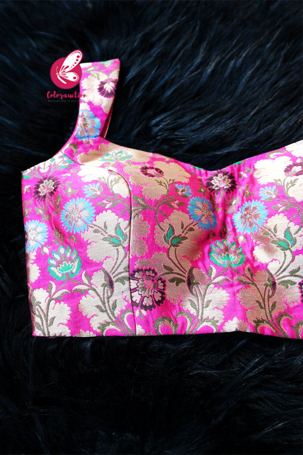 Magenta Multicoloured Thread Work Brocade Padded Blouse