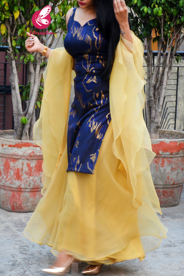 Blue Golden Brocade Padded Strappy Kurti With Golden Organza Sharara and Golden Organza Three-Tier Ruffle Stole Kurti Set