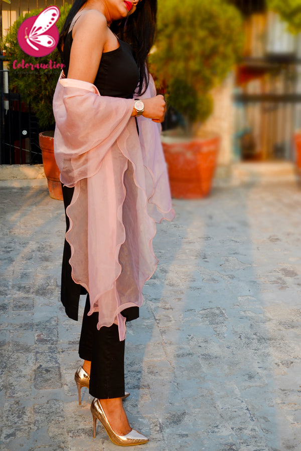 Baby Pink Pure Organza Three-Tier Ruffle Stole