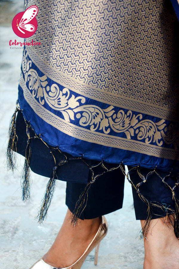Navy Blue Floral Banarasi Silk Dupatta