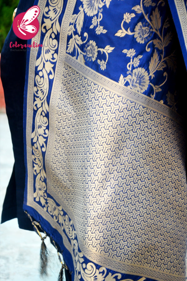 Navy Blue Floral Banarasi Silk Dupatta