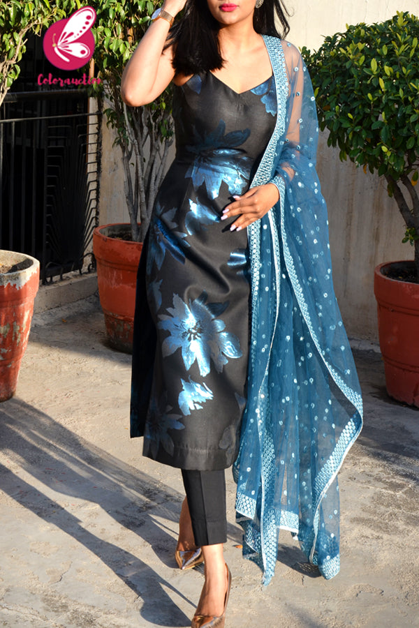 Black & Blue Silk Brocade Padded Kurti with Black Cotton Silk Pants and Blue Mirror Work Dupatta
