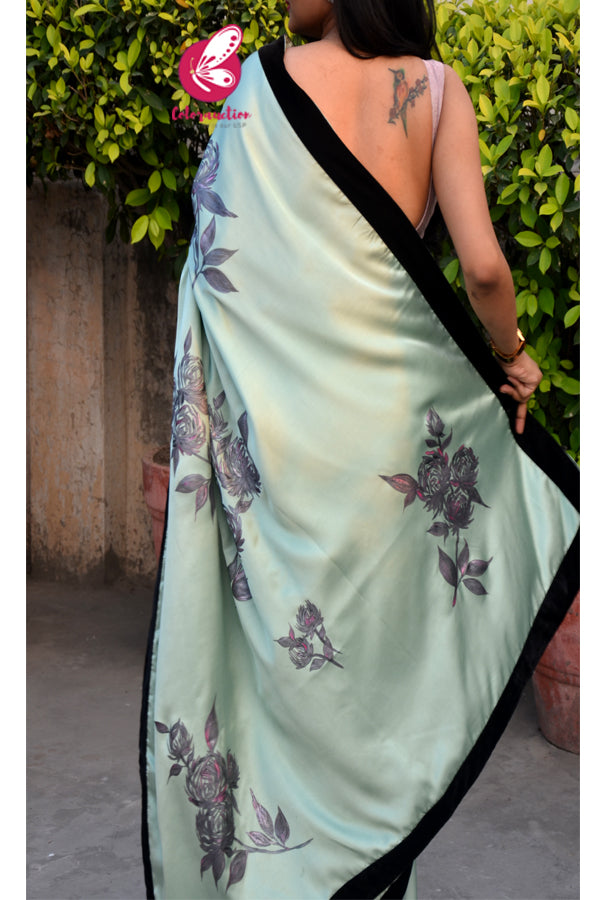 Pastel Mint Green Black Velvet Taping Plum Roses Handpainted Saree