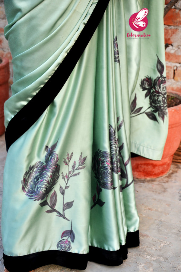 Pastel Mint Green Black Velvet Taping Plum Roses Handpainted Saree