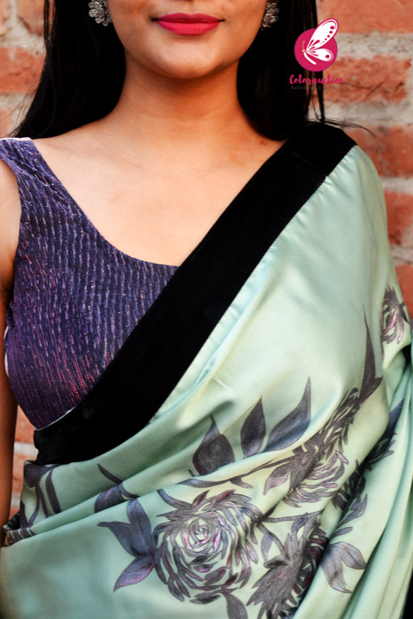 Pastel Mint Green Black Velvet Taping Plum Roses Handpainted Saree
