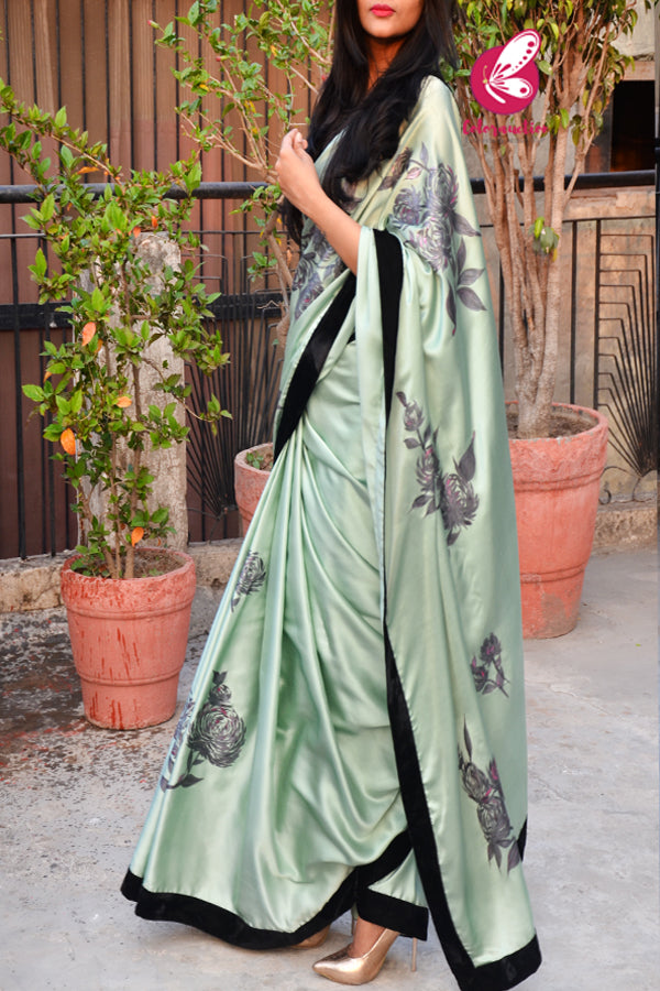 Pastel Mint Green Black Velvet Taping Plum Roses Handpainted Saree