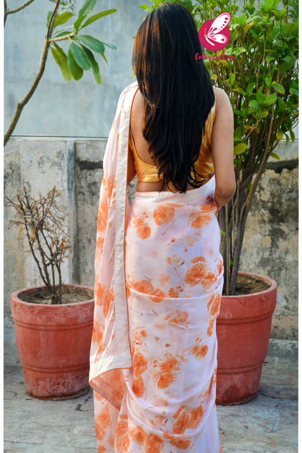 Creamish Orangish Digital Floral Print Satin Georgette Dupion Silk Taping Piping Saree