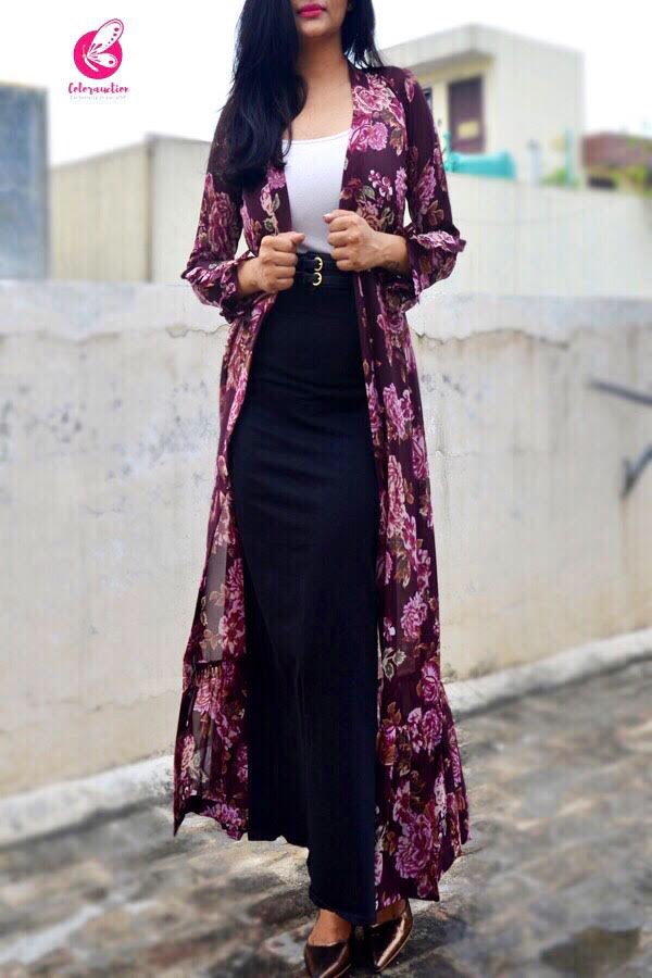 Mauve Georgette Printed Floral Shrug