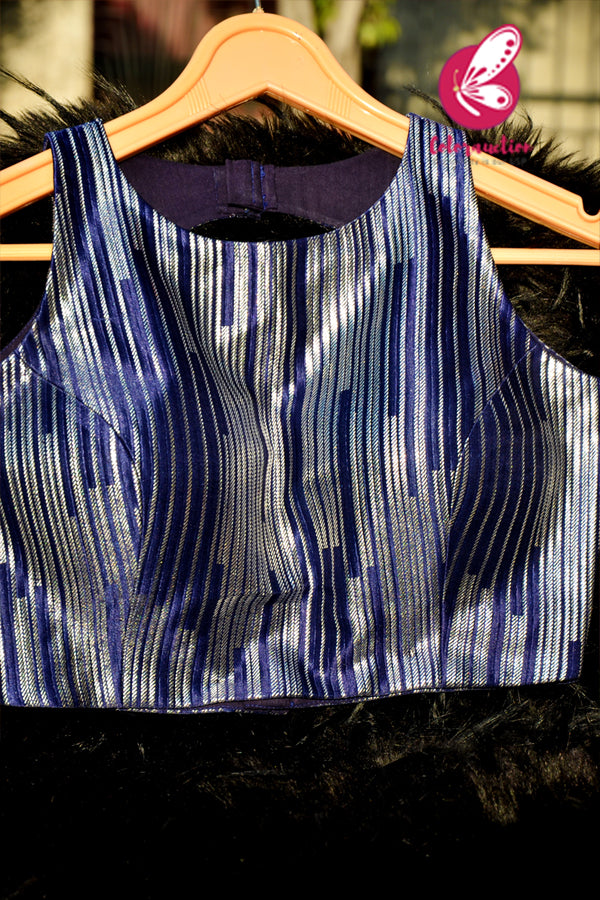 Blue Silver Crepe Keyhole Back Padded Blouse