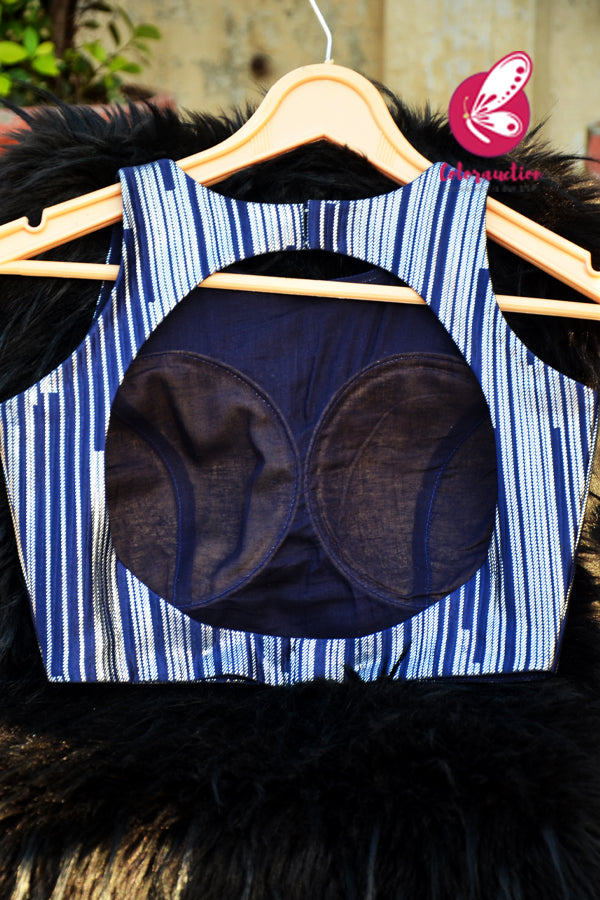 Blue Silver Crepe Keyhole Back Padded Blouse