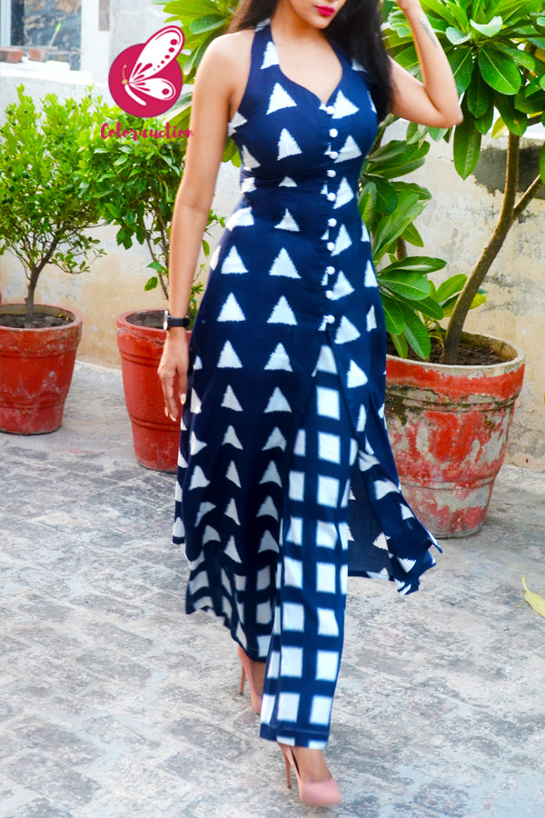 Blue & White Printed Rayon Sleeveless Kurti Set
