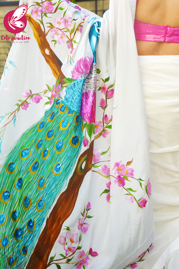 White Pink Hand-painted Silk Crepe Satin Taping Saree