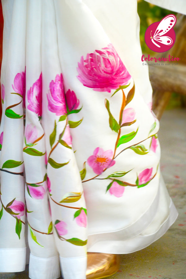 White Pink Hand-painted Silk Crepe Satin Taping Saree