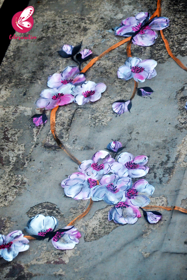 Black Organza Cherry Blossoms Floral Hand painted Stole