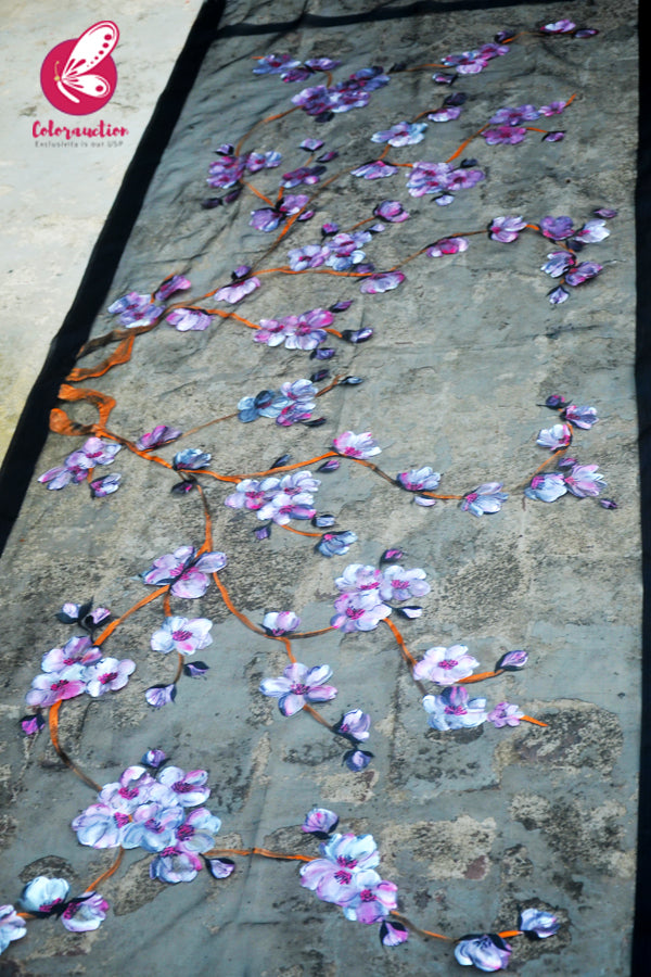 Black Organza Cherry Blossoms Floral Hand painted Stole