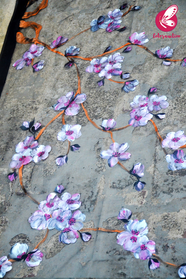 Black Organza Cherry Blossoms Floral Hand painted Stole