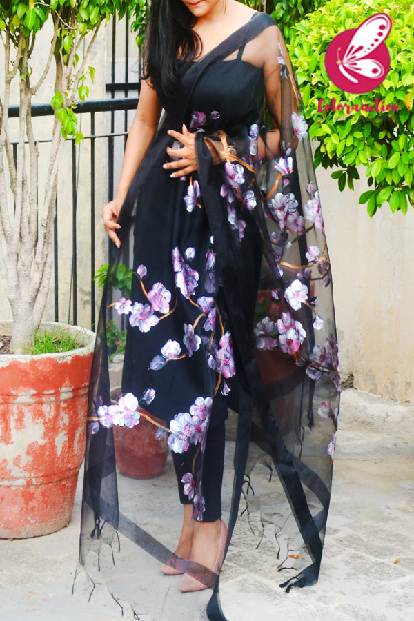 Black Organza Cherry Blossoms Floral Hand painted Stole