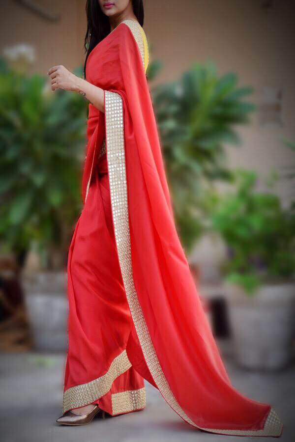 Red Crepe Mirror Handwork Designer Saree