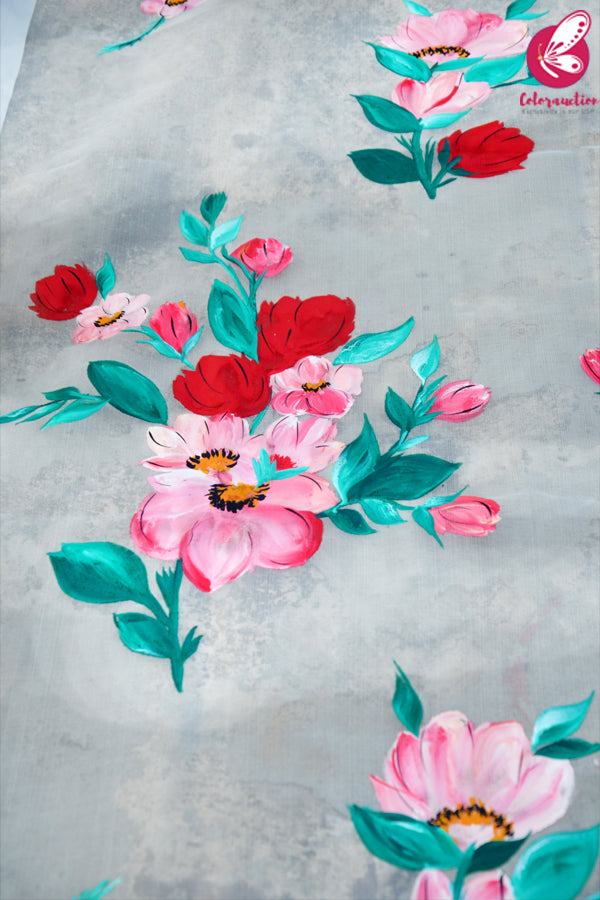 Off White Multicoloured Floral Pure Organza Stole