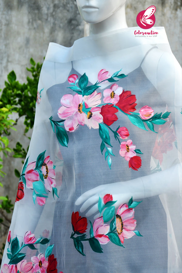 Off White Multicoloured Floral Pure Organza Stole